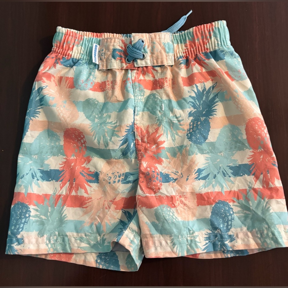 Rugged Butts Boys 2T Lined‎ Swim Trunks Peach Aqua Blue Pineapple Stripe Elastic